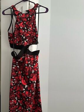 bebe Red and Black Floral Backless Evening Dress